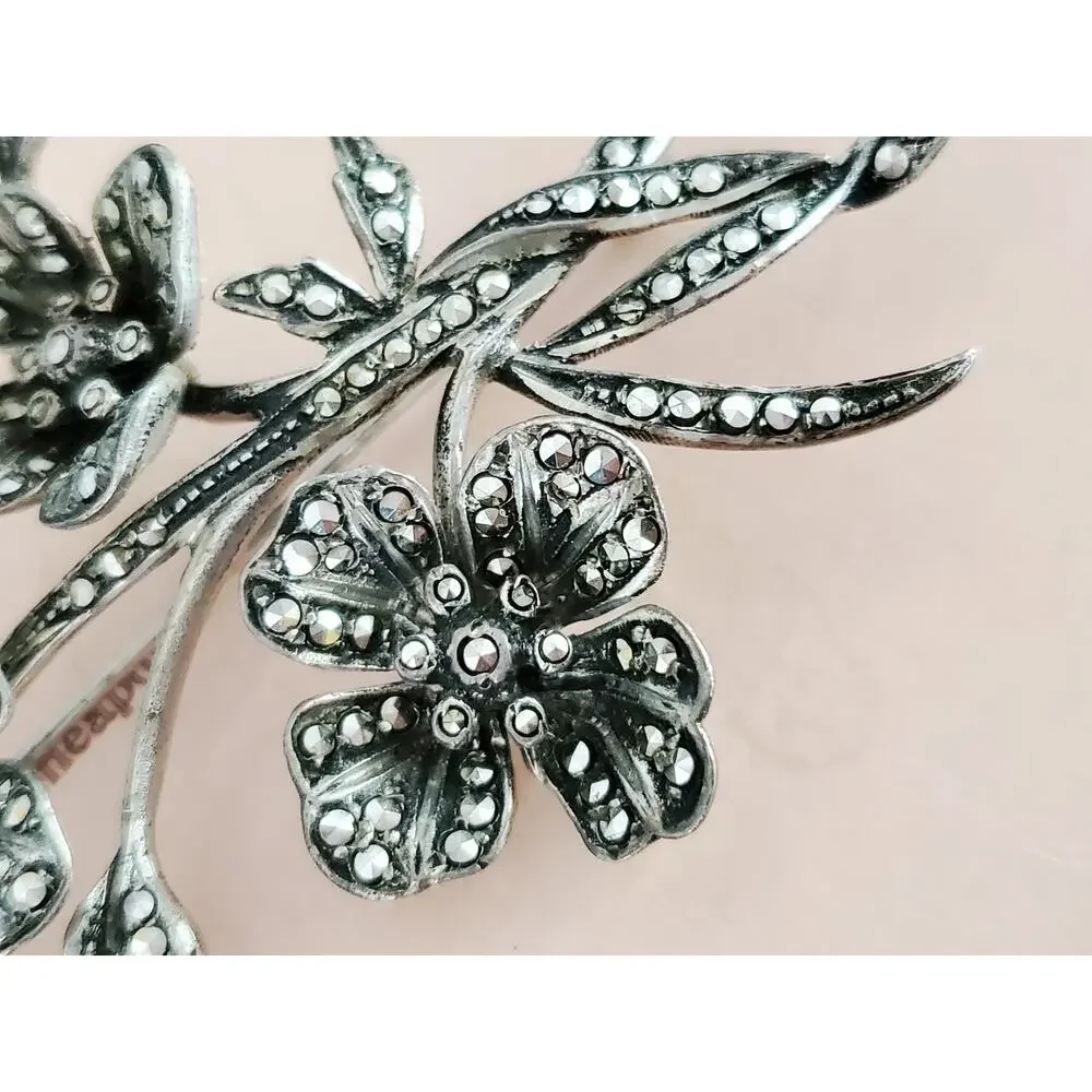 Vintage Sterling Silver Marcasite Floral Brooch